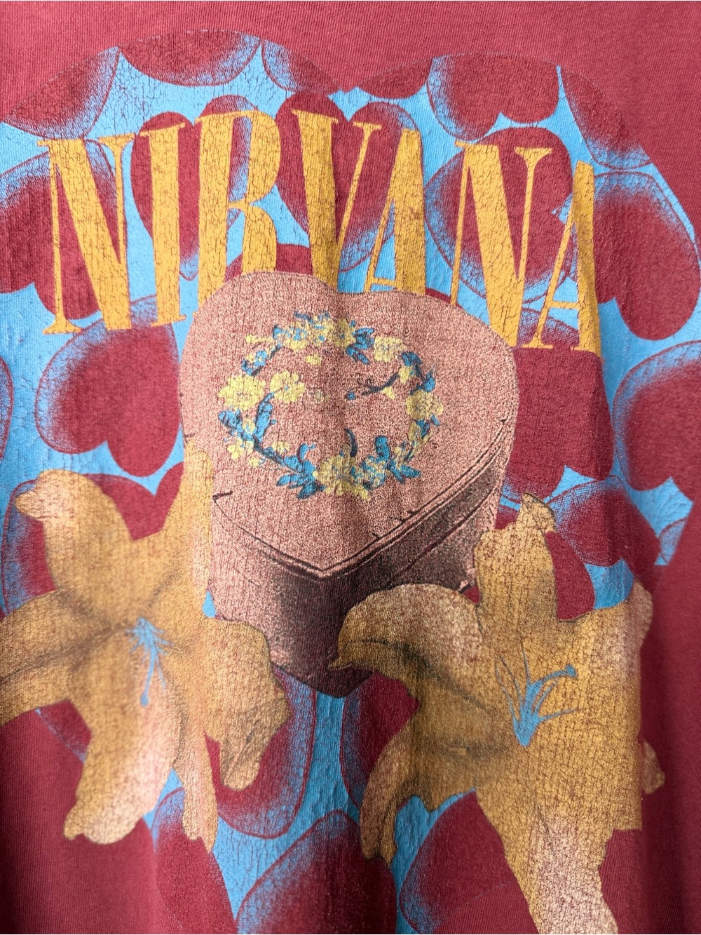 NIRVANA Floral Logo Tee in Burgundy with Blue Accents